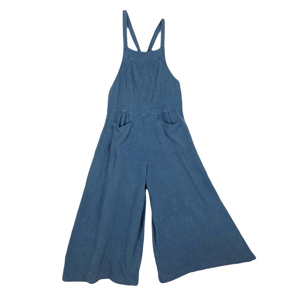 NWT FREE PEOPLE Jumpsuit L Blue Gauze Wide Flare Bow-Adjustbl-Strap Elastic-Back